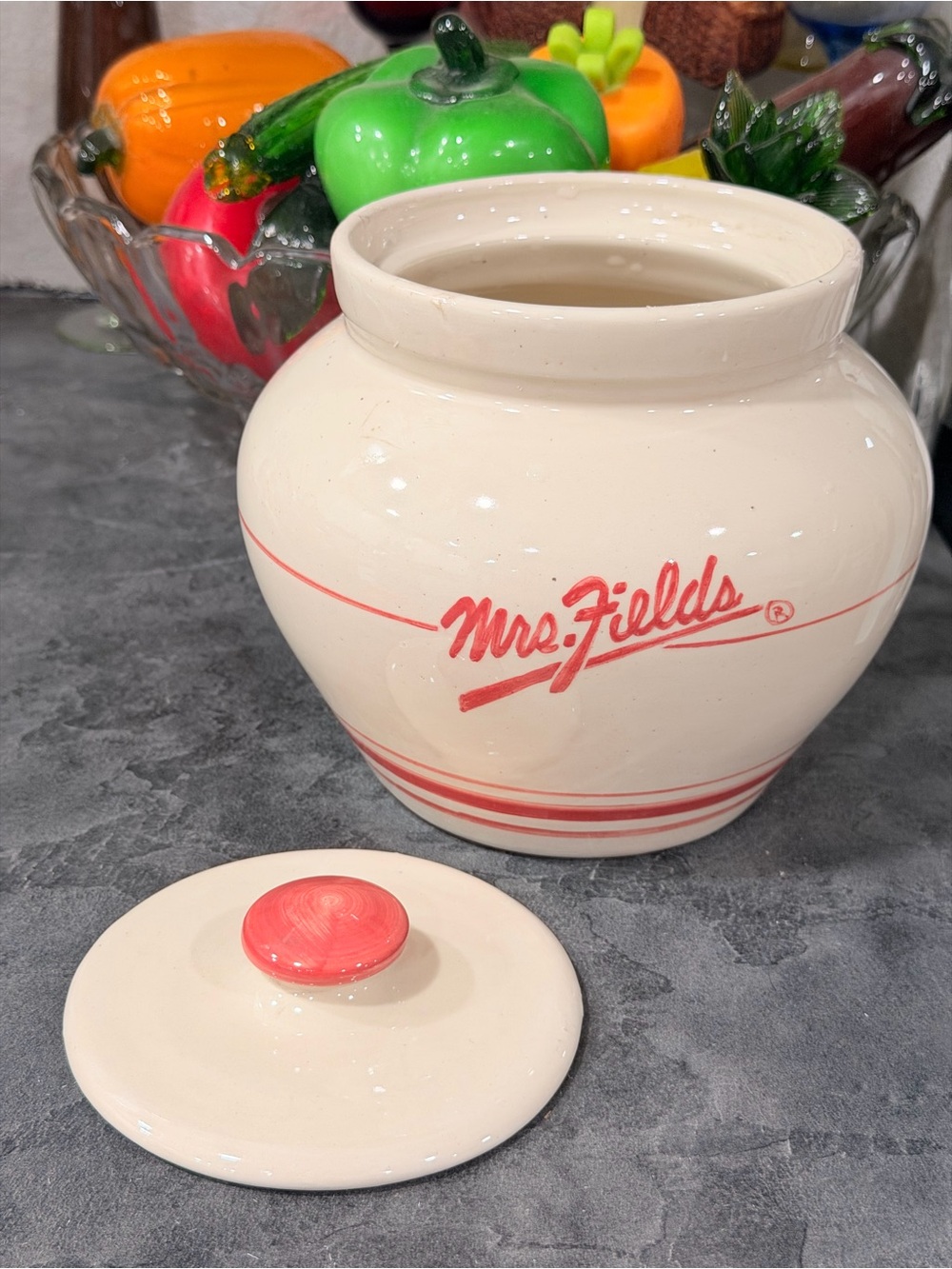 Source Unknown Mrs. Fields Red and Cream Cookie Jar